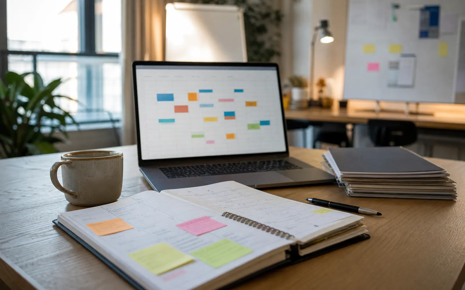 Bureau vu de haut avec agenda papier ouvert, ordinateur portable et pile de dossiers