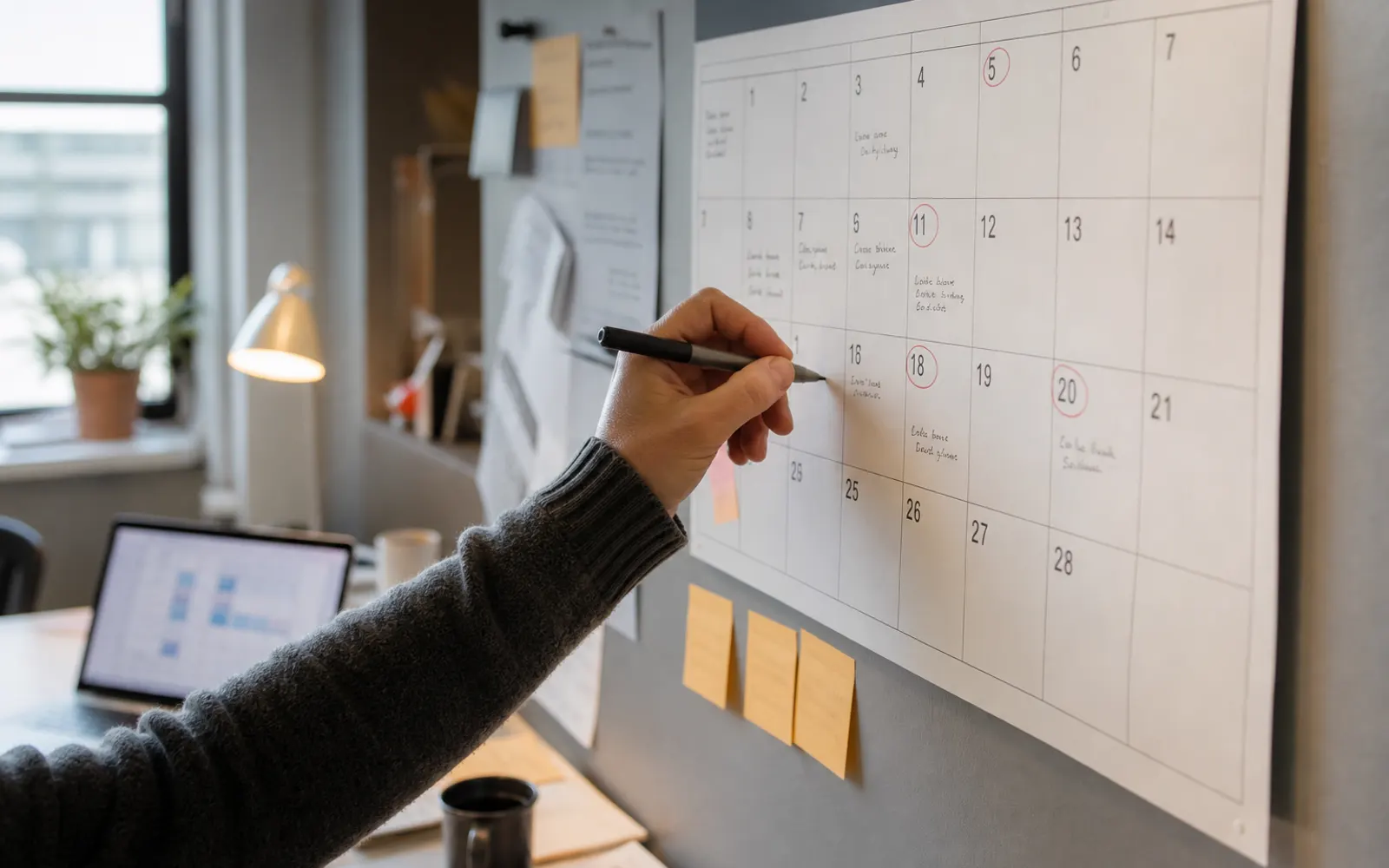 Calendrier mural papier avec dates entourées et notes manuscrites