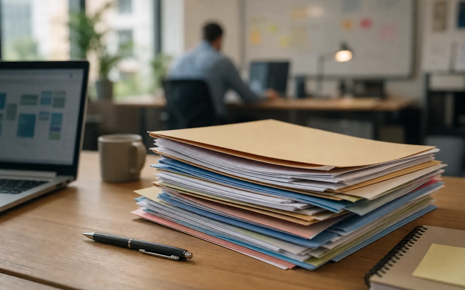 Pile de dossiers de projet sur un bureau, ordinateur portable en arrière-plan