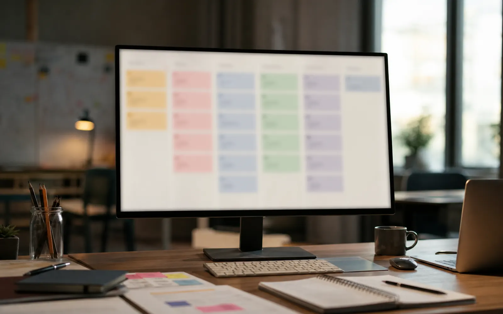 Écran d'ordinateur de bureau affichant de face un tableau de tâches abstrait flou