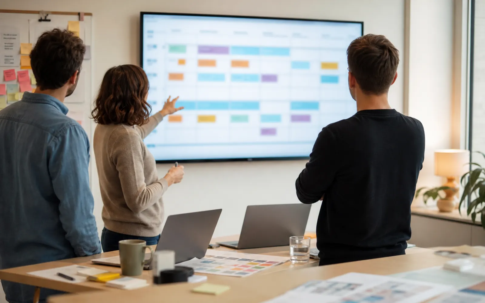 Trois personnes de dos devant un grand écran de bureau affichant un tableau flou