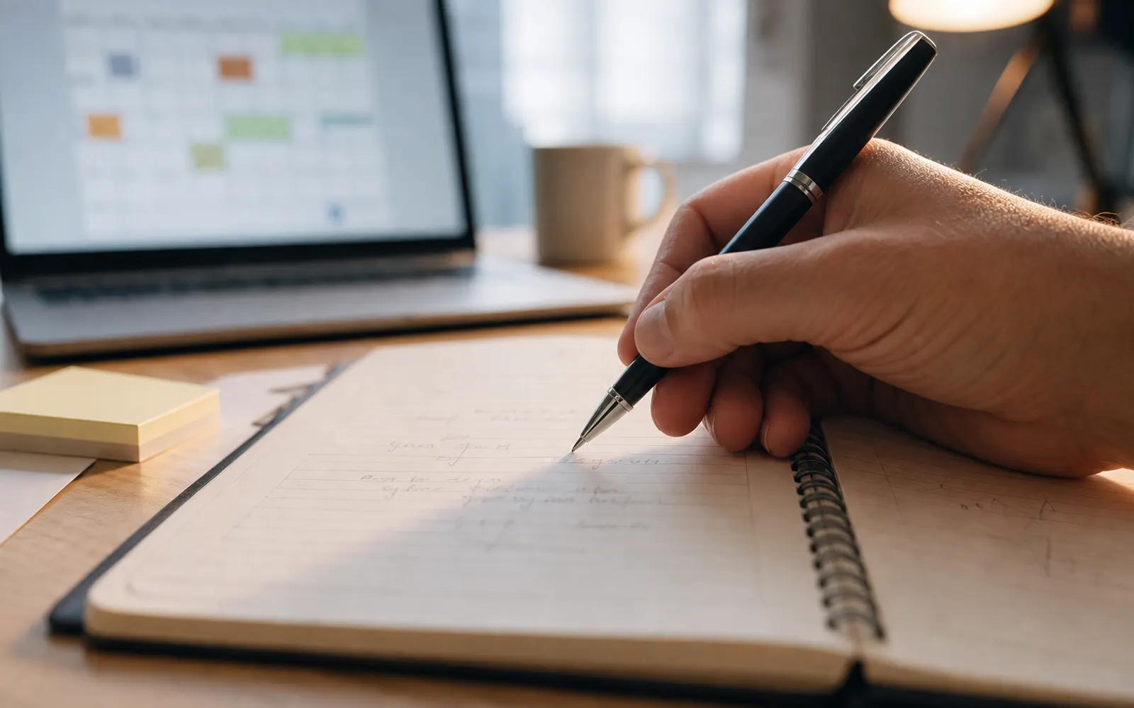 Gros plan sur une main tenant un stylo au-dessus d'un agenda ouvert