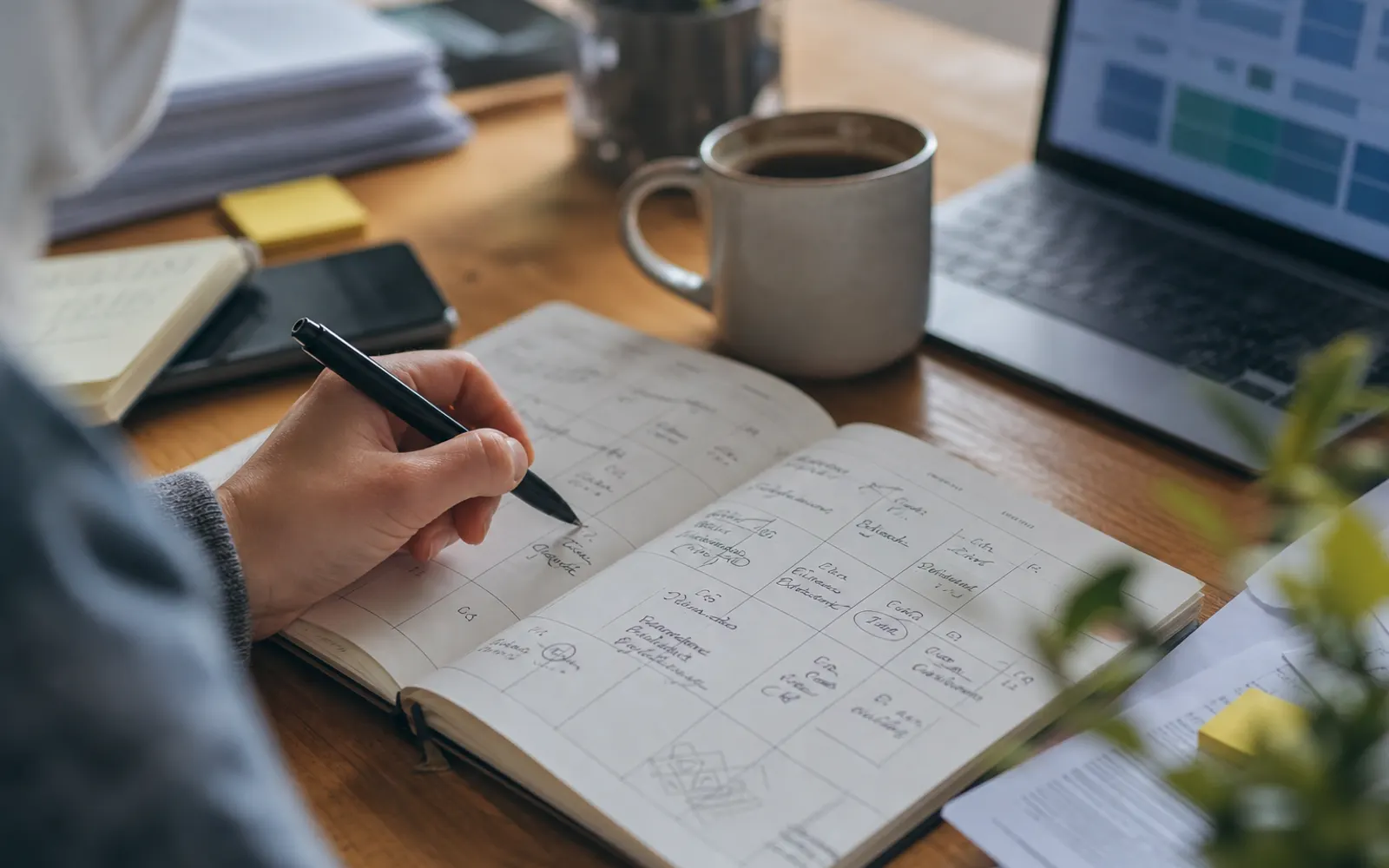 Main écrivant au stylo dans un agenda papier avec une grille hebdomadaire dessinée à la main